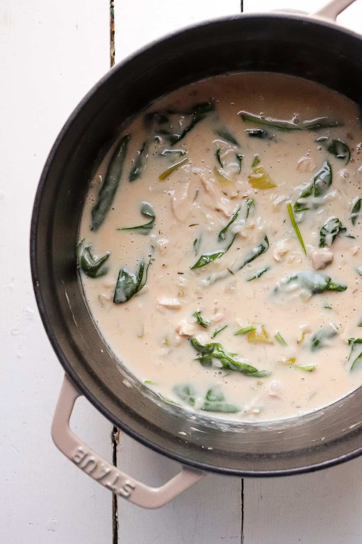 chicken florentine soup in large pot.