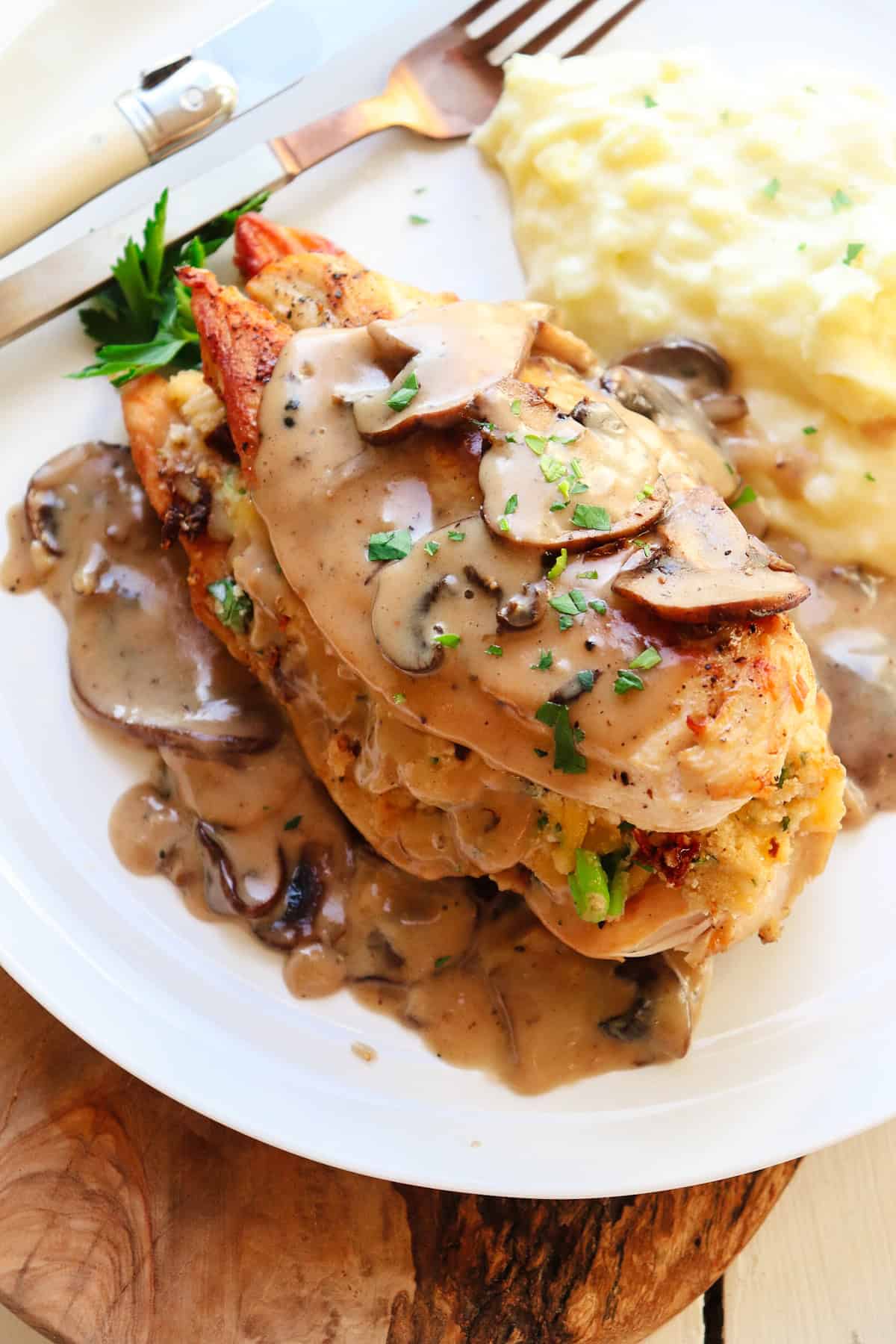 Finished Olive Garden stuffed chicken marsala.