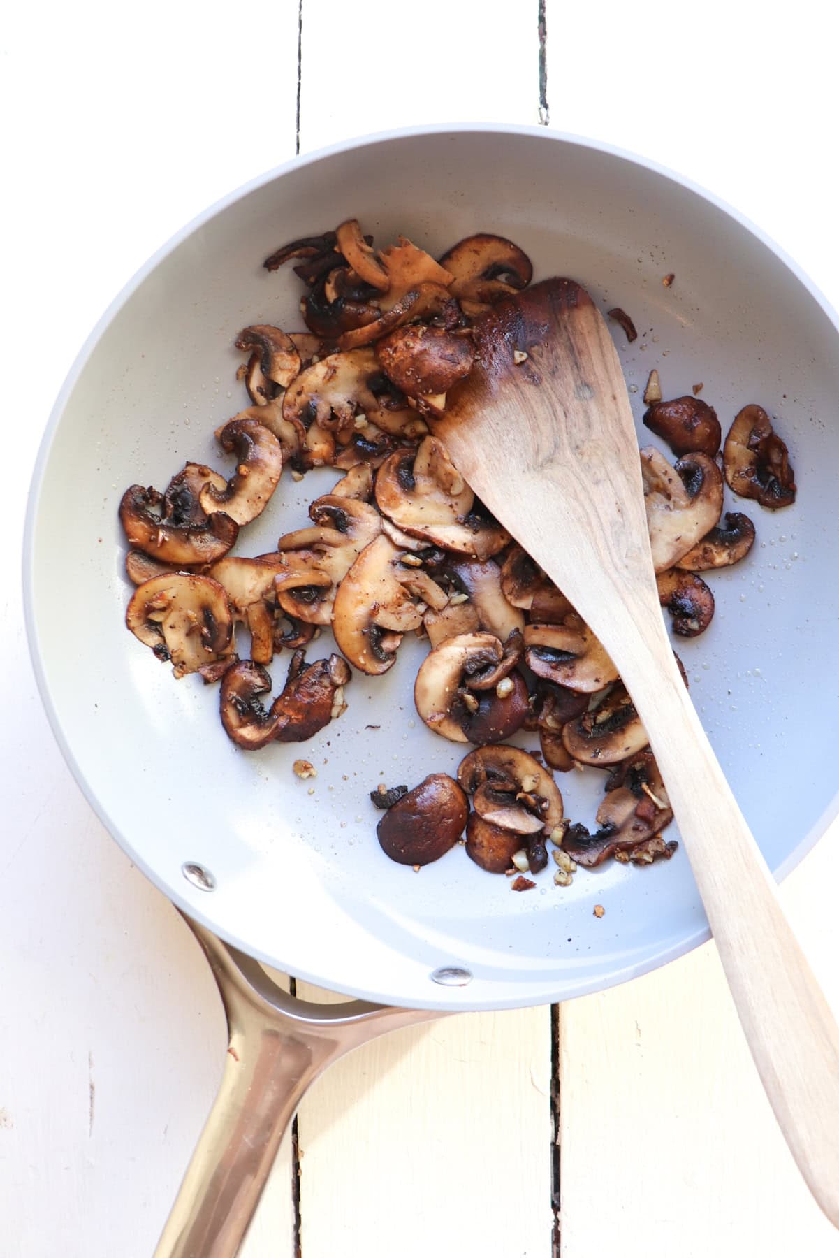 Pan of sauteed mushrooms for chicken marsala.