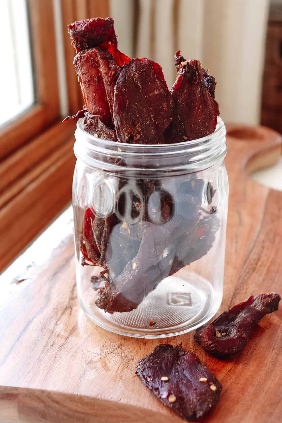 Venison jerky in jar.