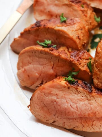 up close of sliced pork tenderloin.