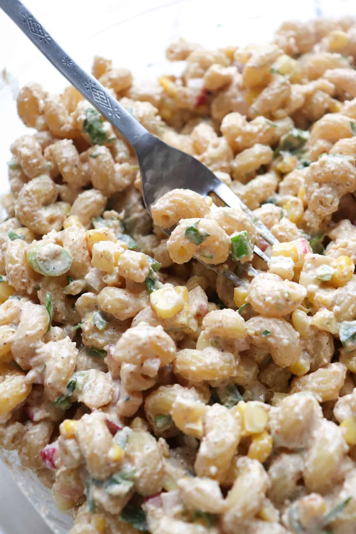 close up picture of elote pasta salad.