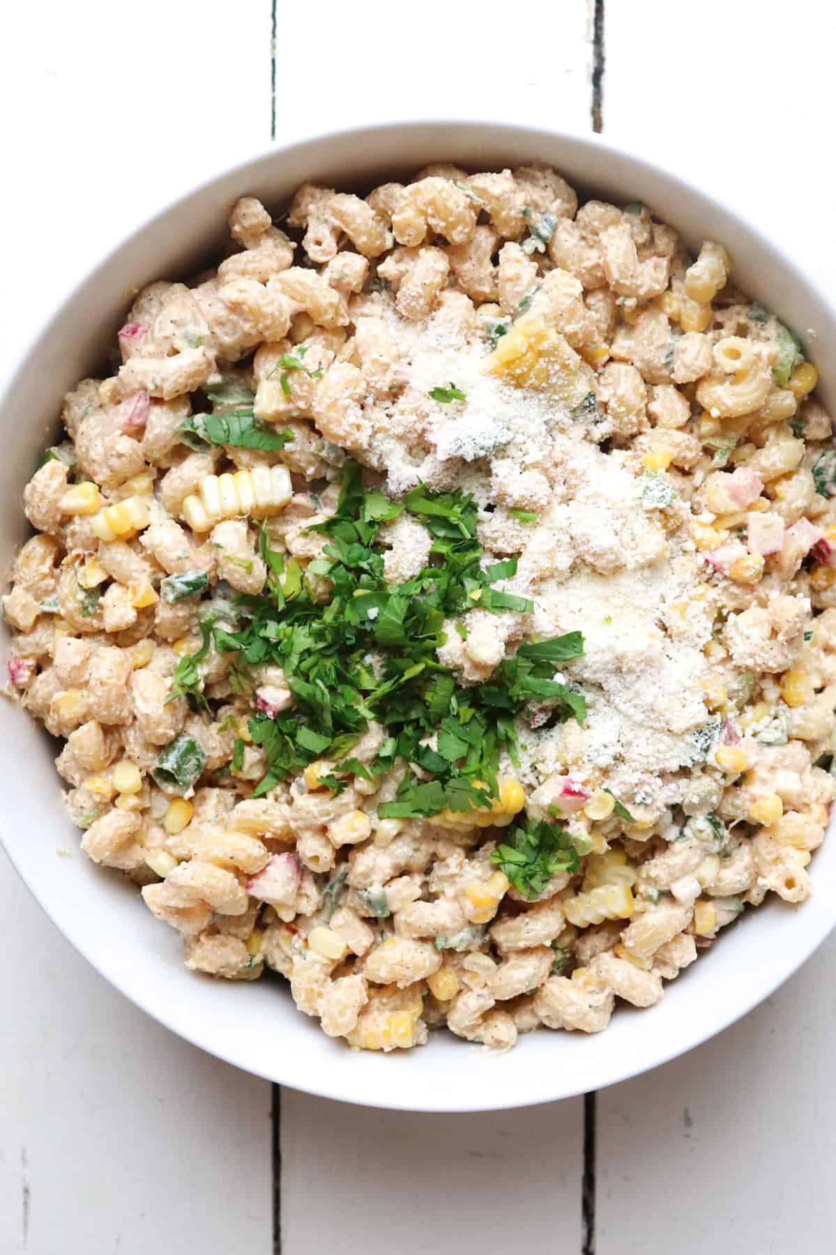 bowl of elote pasta salad.