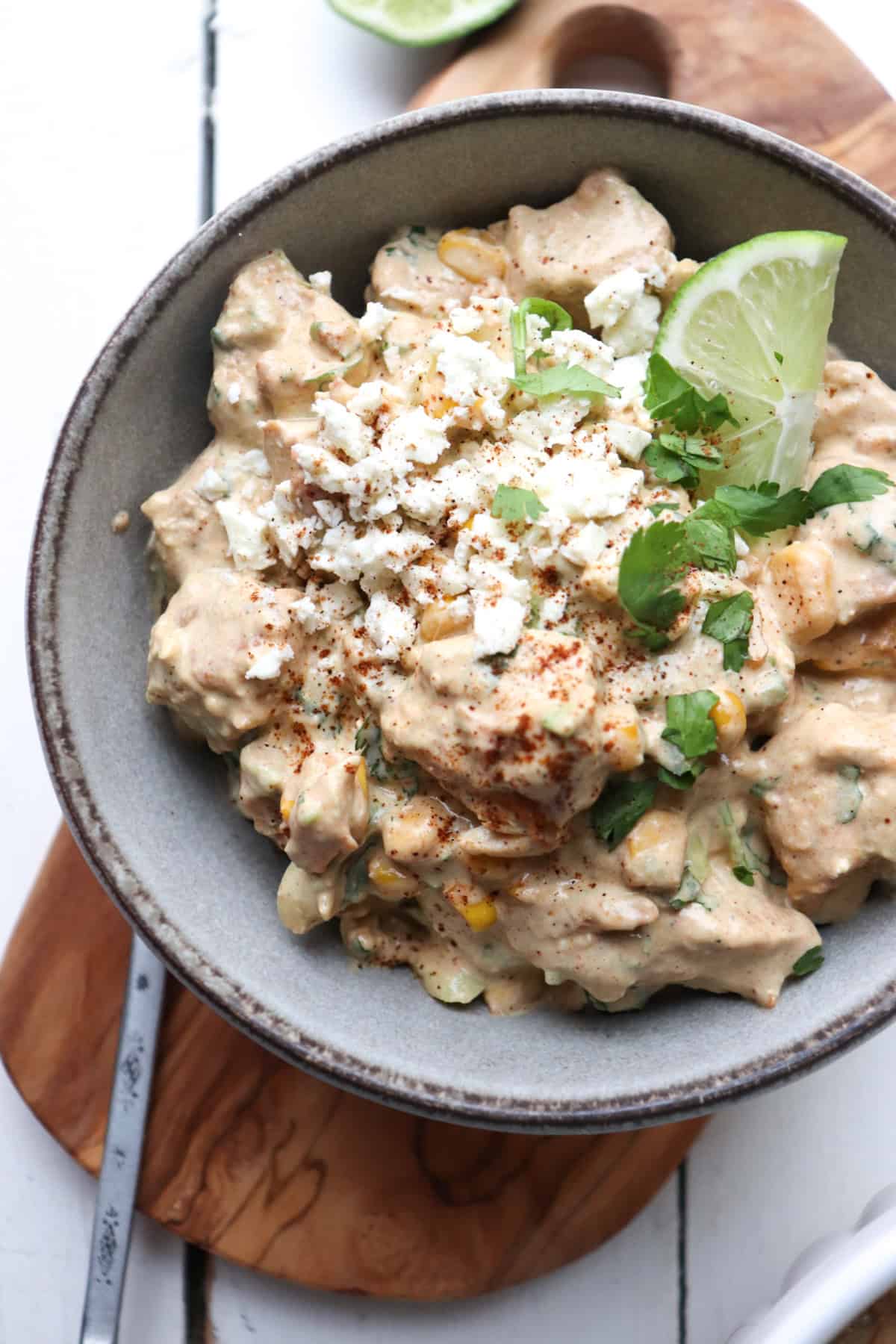 Bowl of elotes chicken salad.