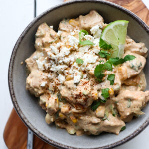 Featured picture of bowl of elotes chicken salad.