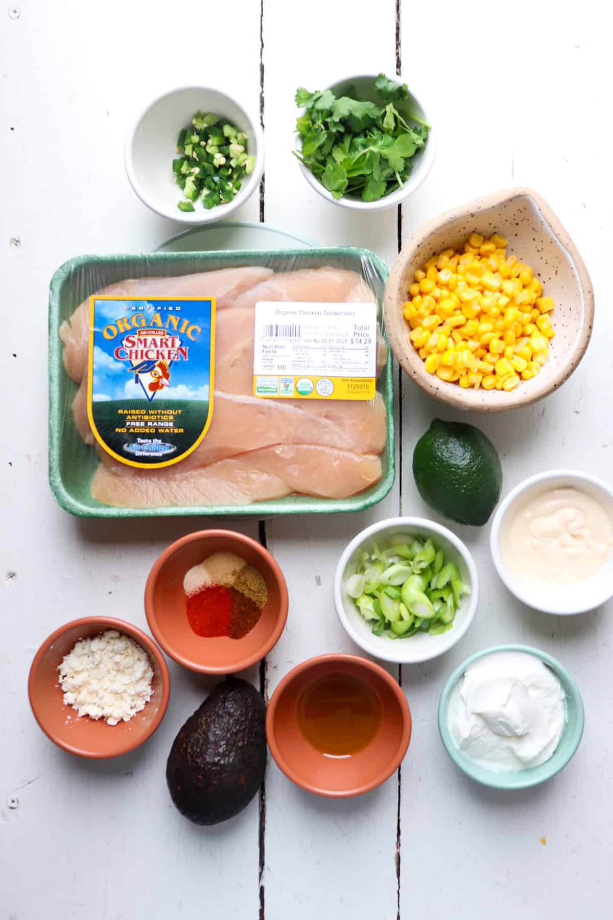 Ingredients laid out on table for elotes chicken salad.