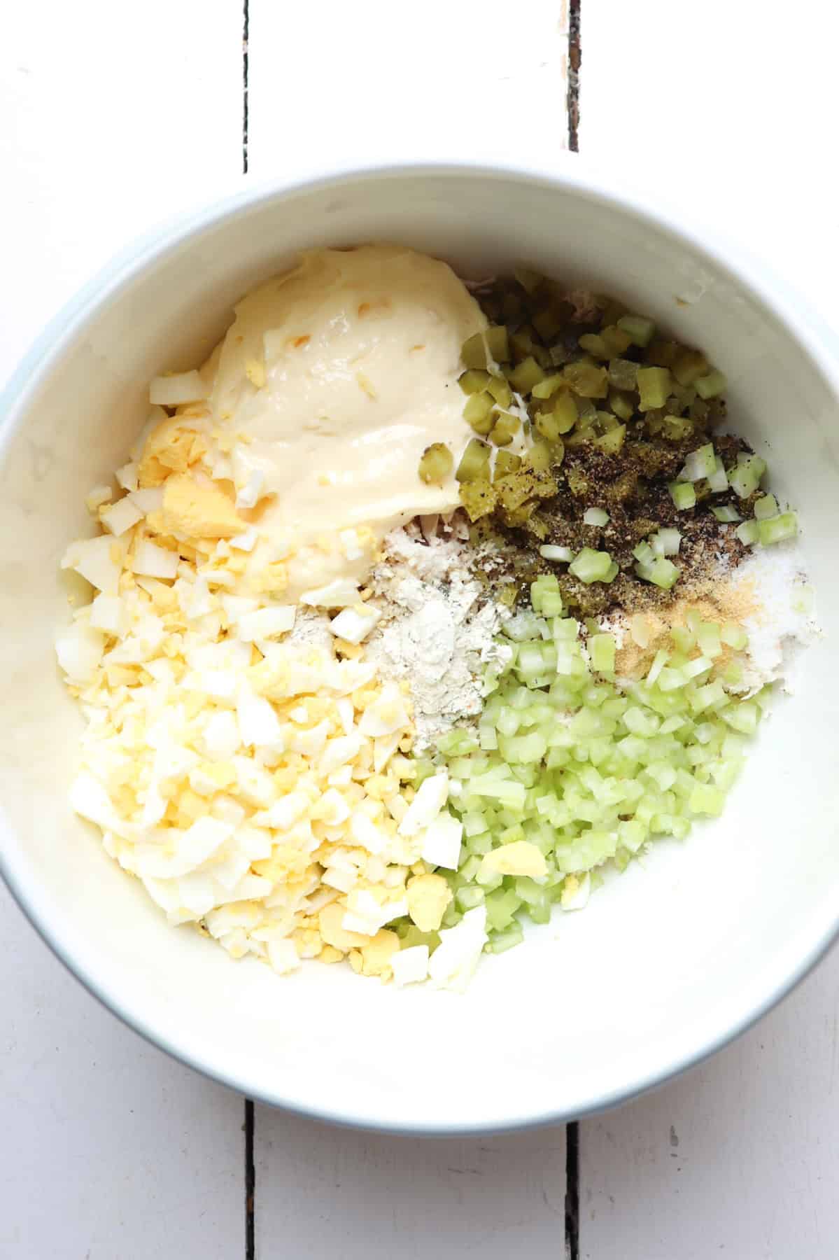 ingredients for chicken salad in bowl.