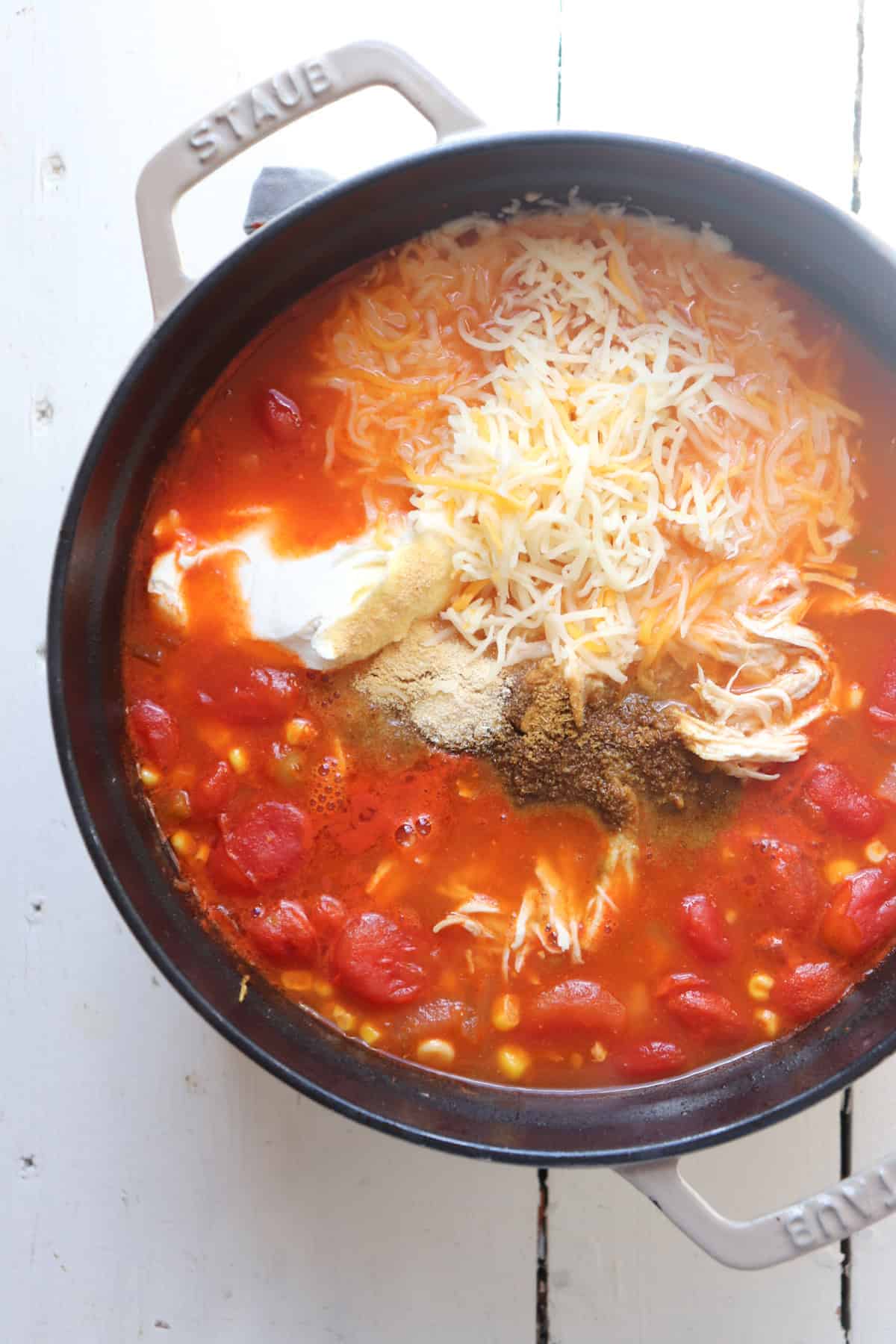 final ingredients added to the pot but not stirred.