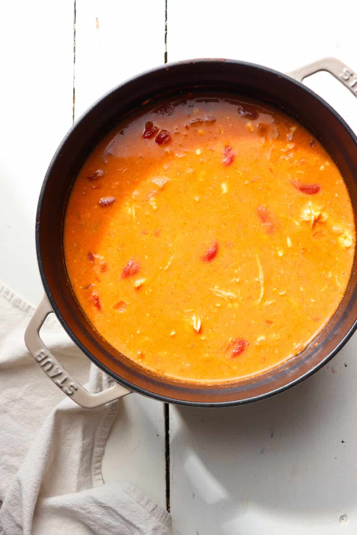 soup after it has been stirred together.
