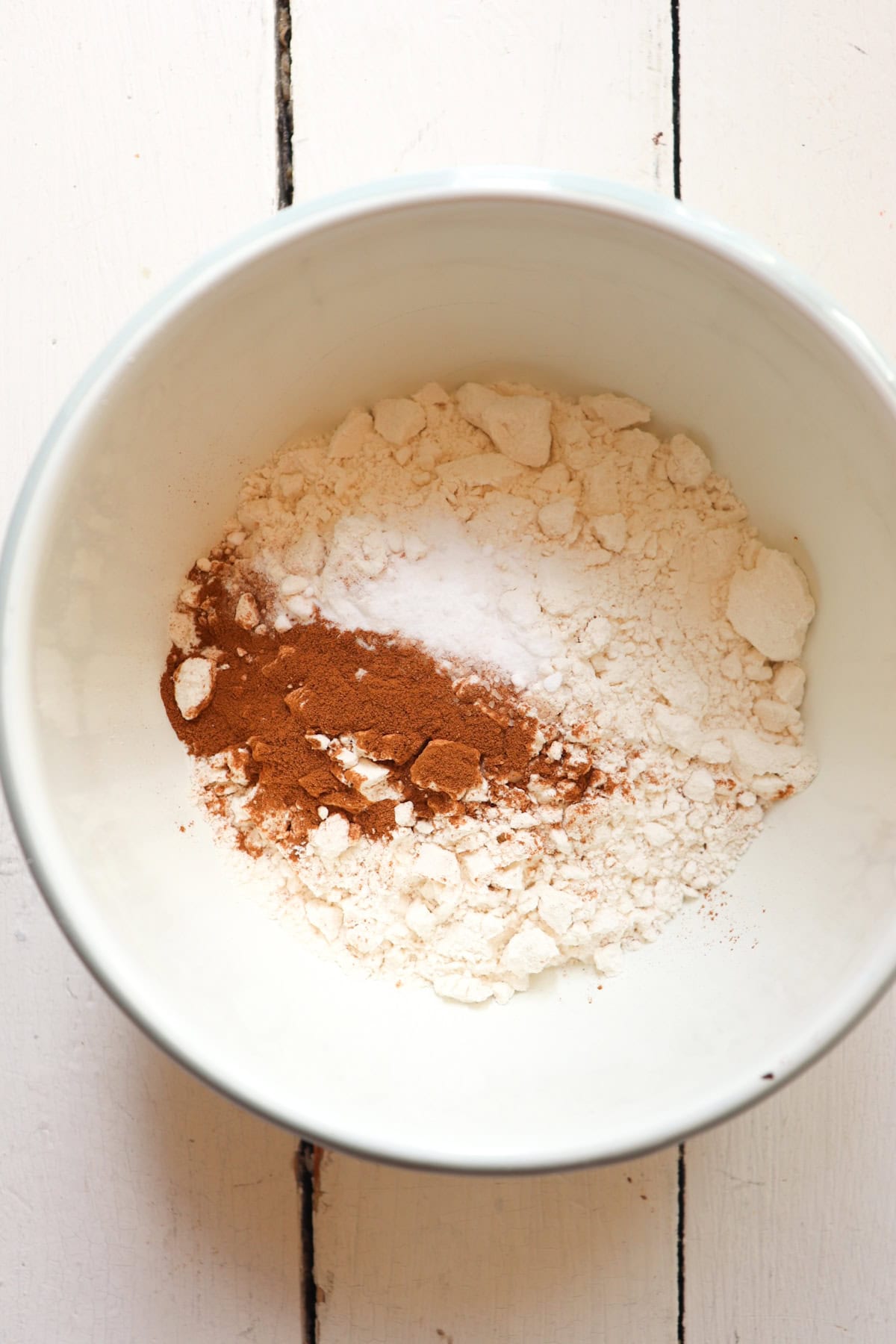dry ingredients in mixing bowl for banana nut muffins.