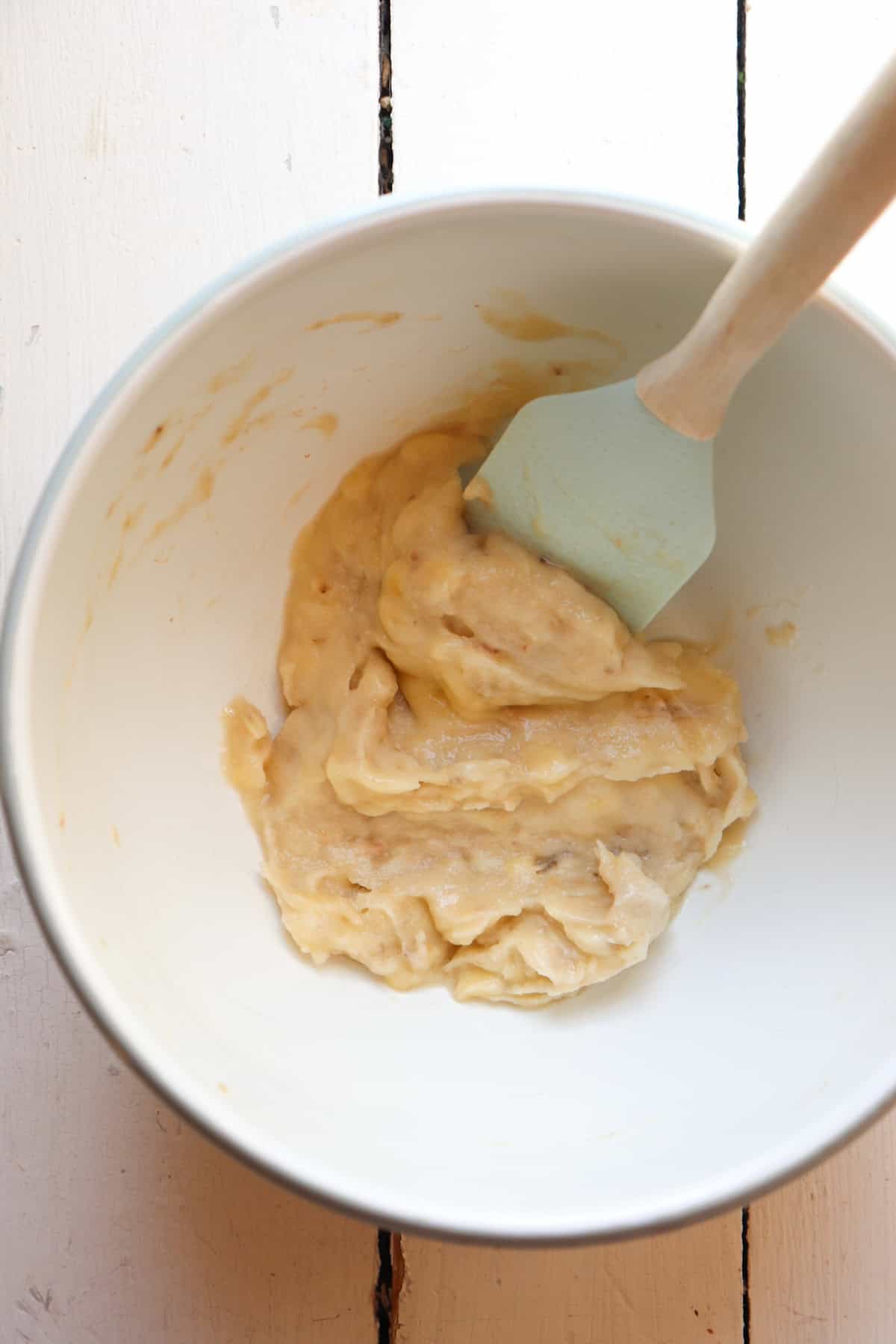 Dry and wet ingredients mixed in mixing bowl
