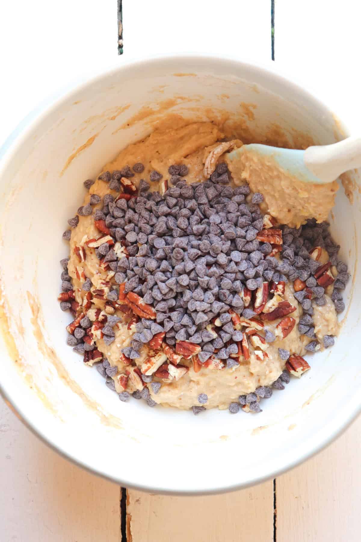 chocolate chips added to mixing bowl.