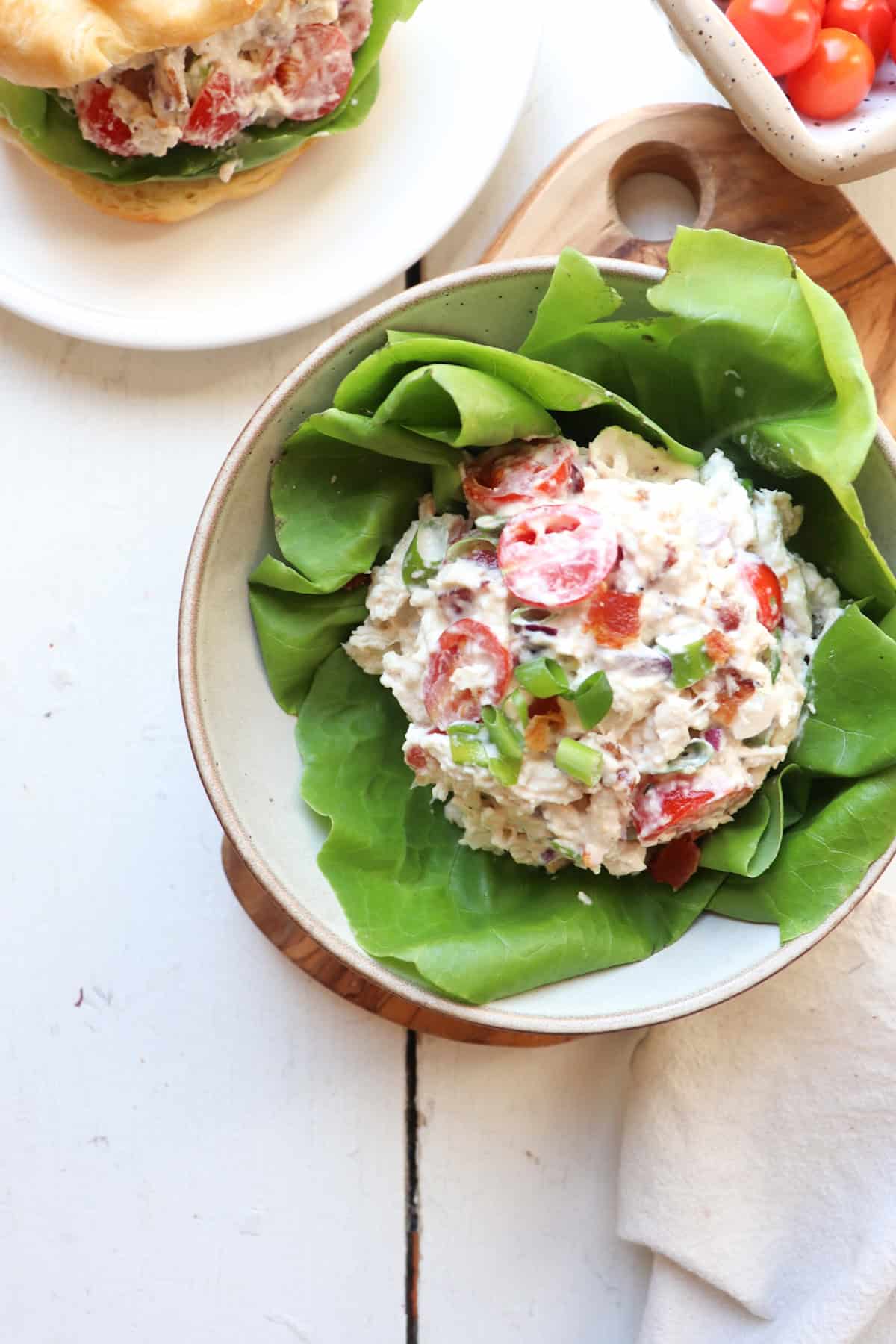 blt chicken salad on a bed of lettuce