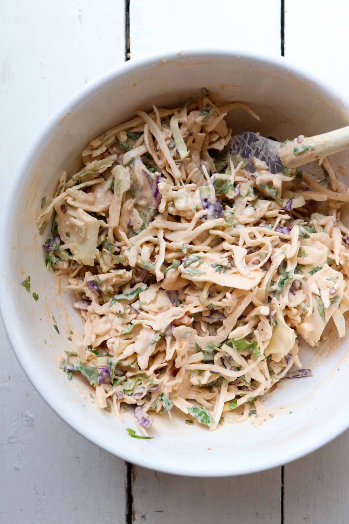 baja slaw in white bowl.