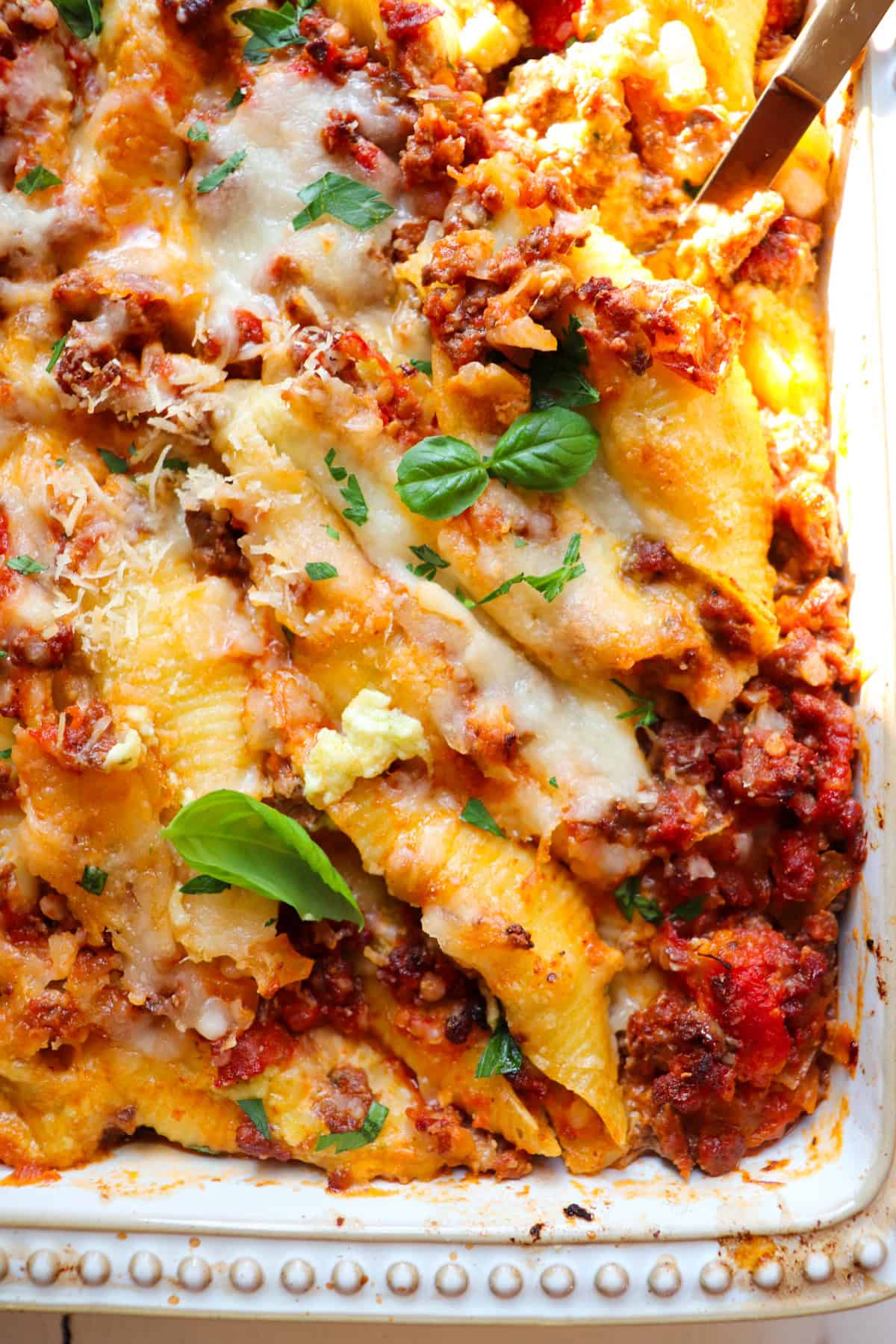 close up picture of meat ricotta stuffed shells.