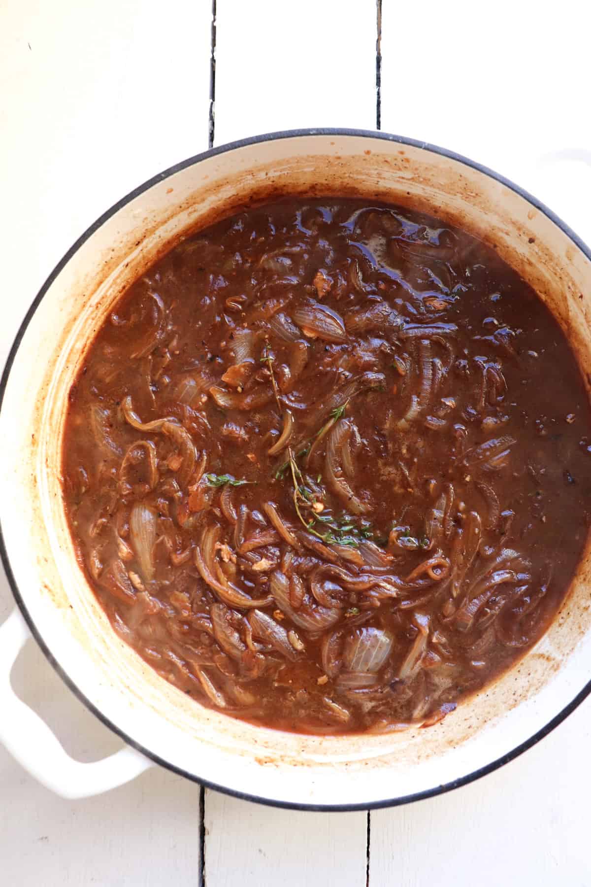 finished french onion soup base before chicken has been added back in.