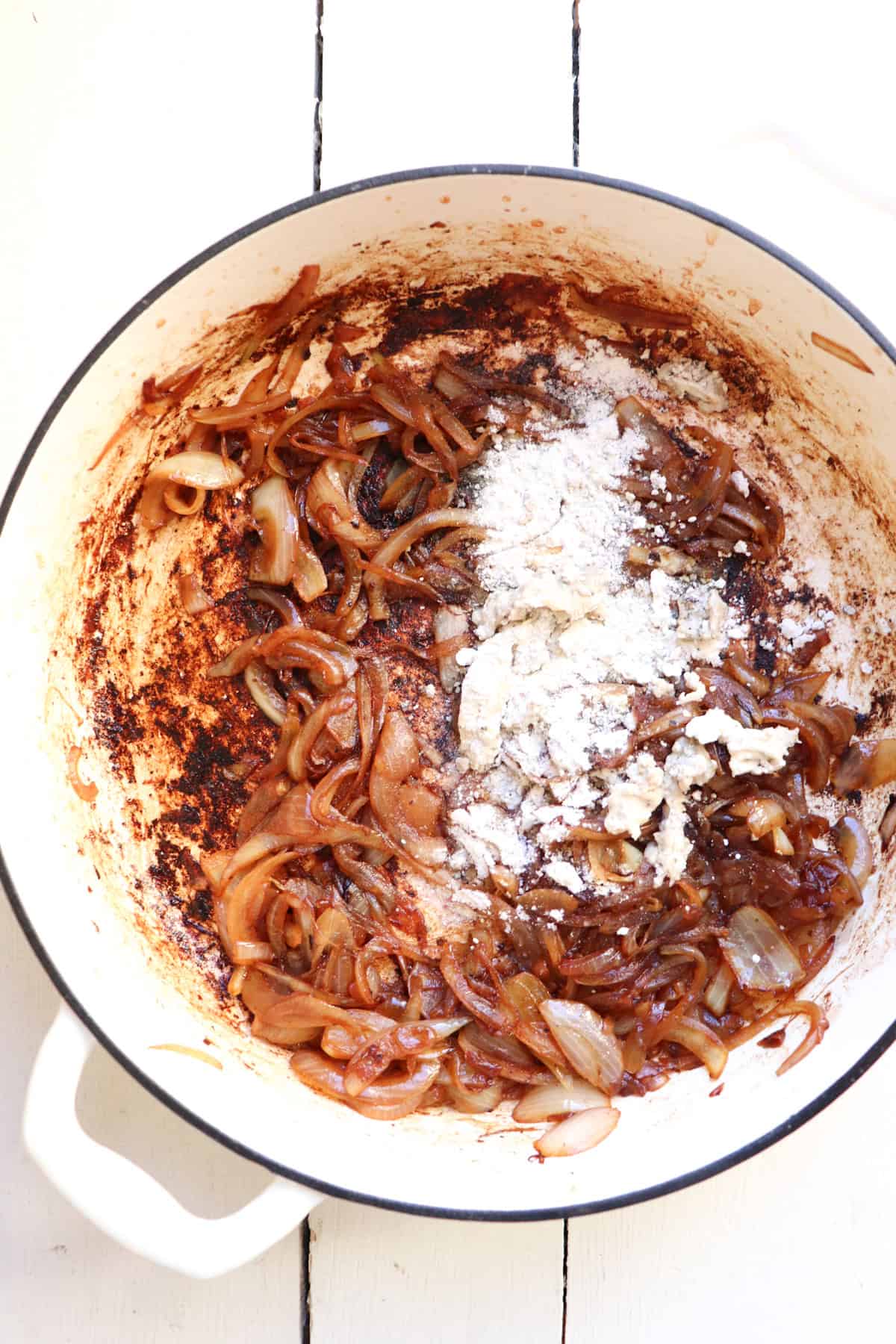 flour added to caramelized onions.
