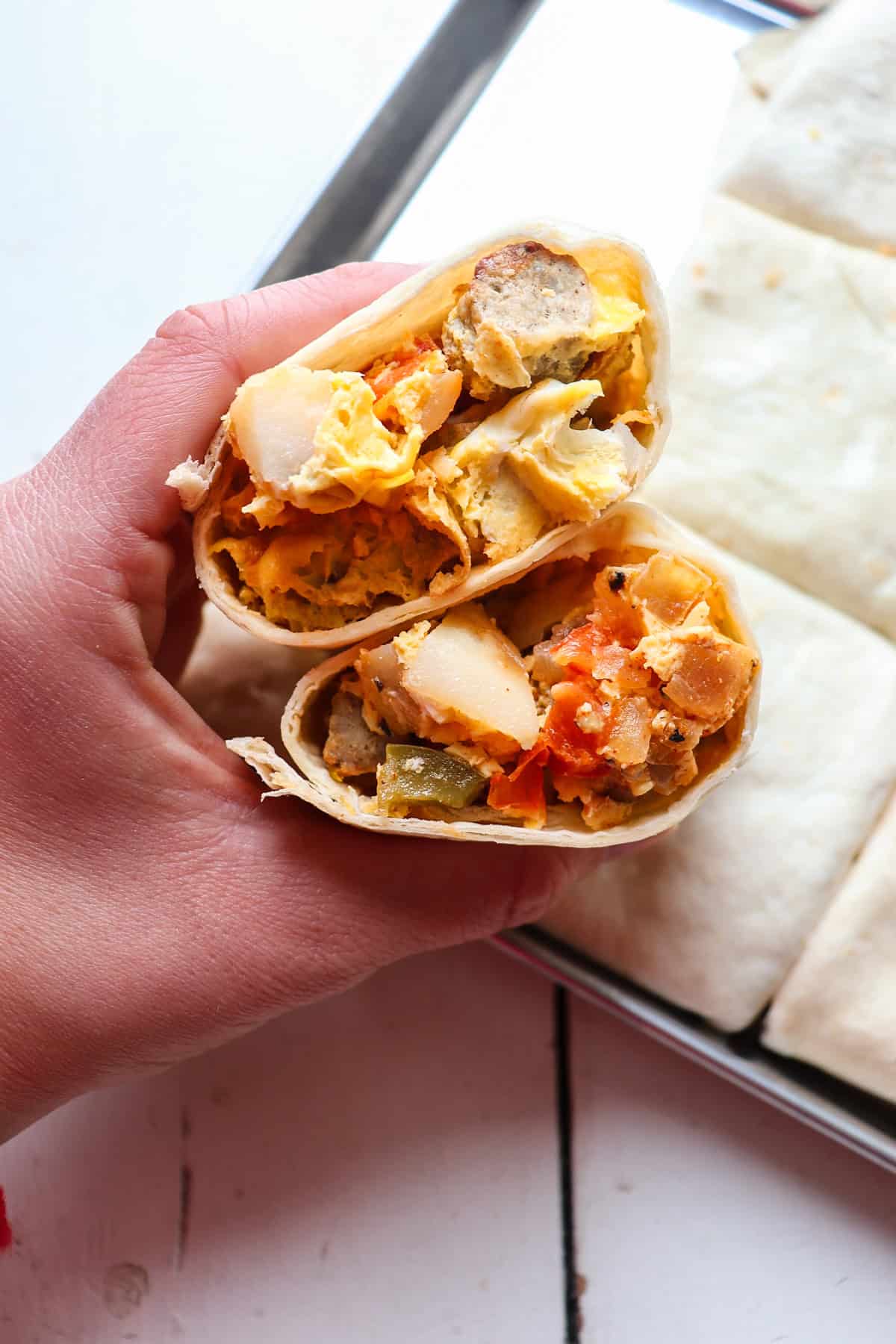 cross section of sheet pan breakfast burrito.