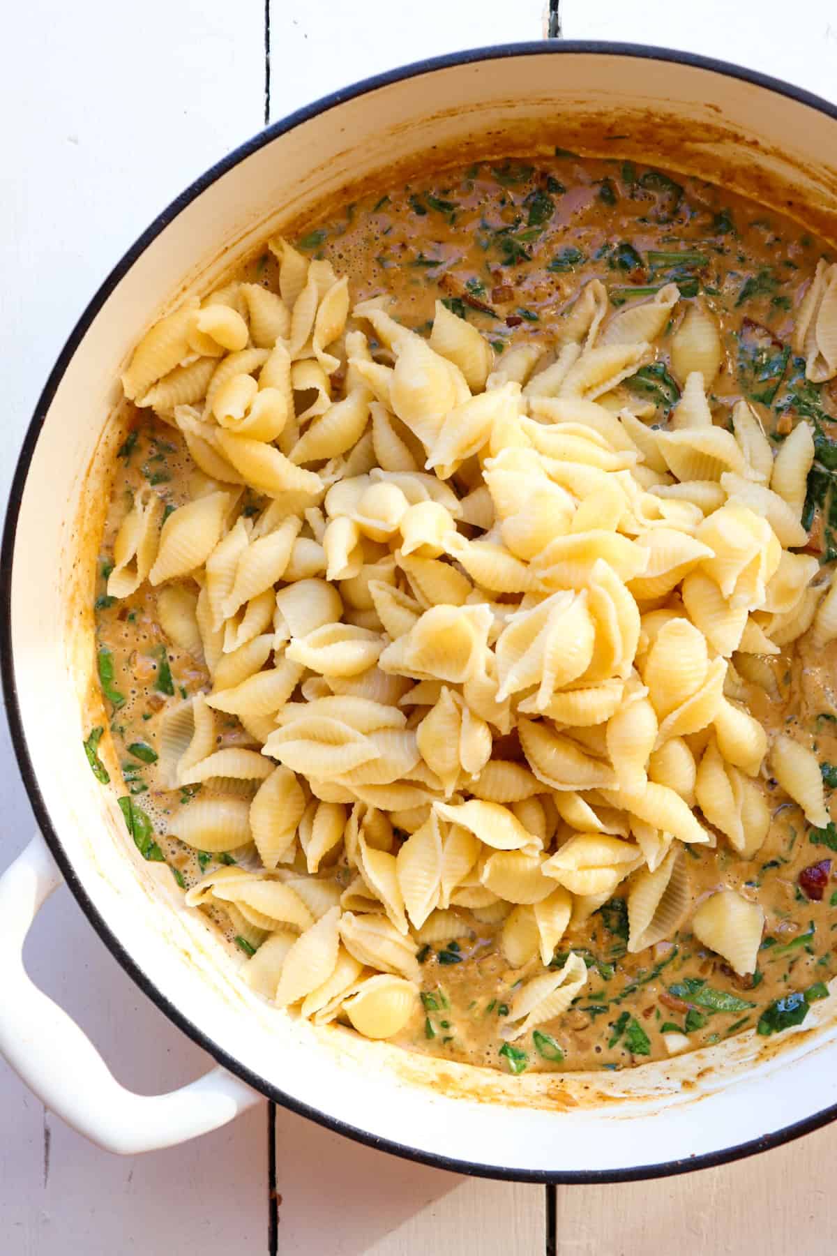 pot of cream sauce with cooked noodles on top.