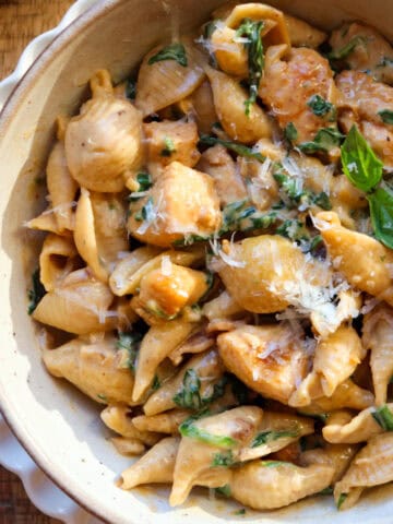 featured image of creamy chicken and garlic pasta.