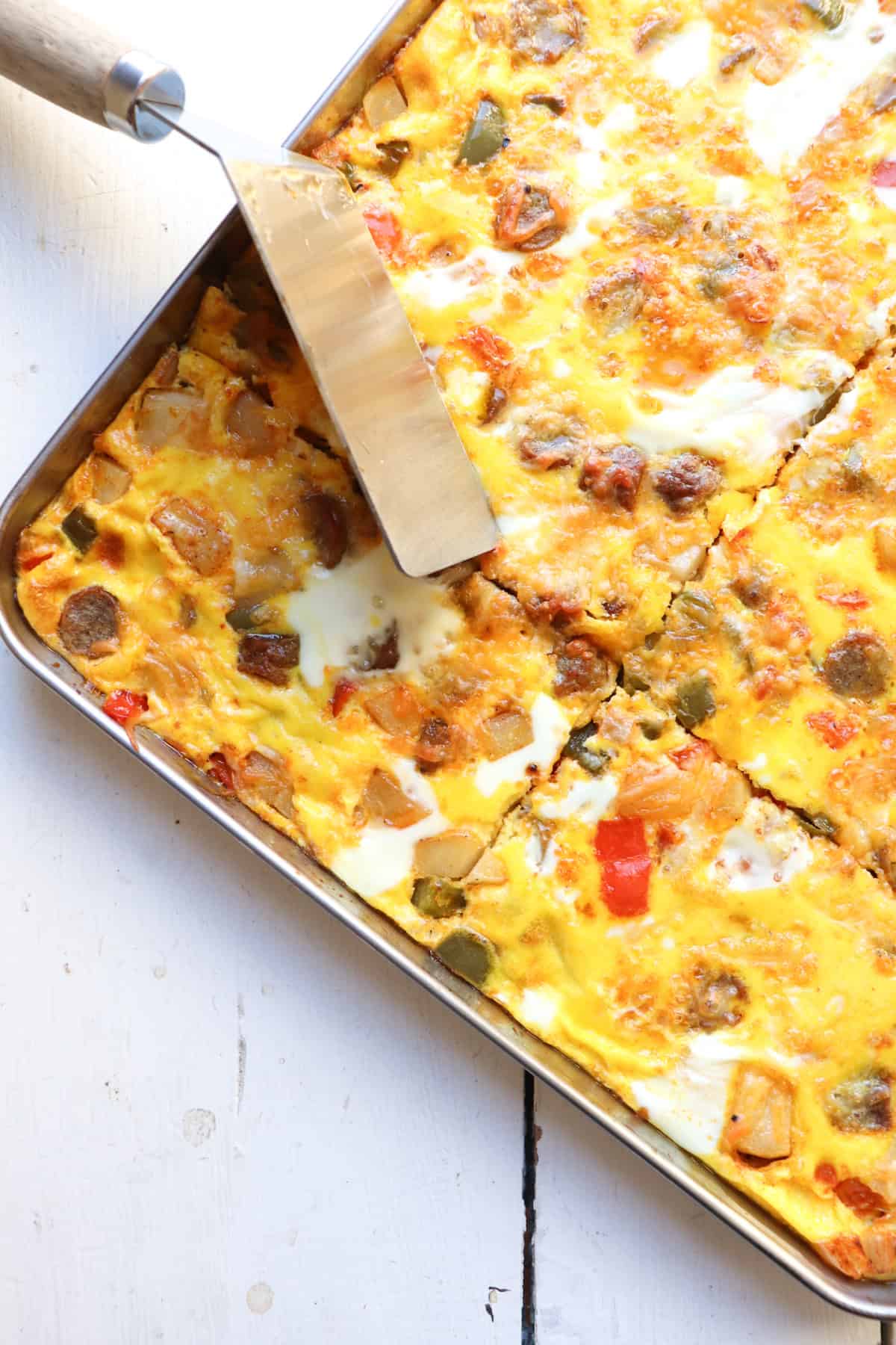 sheetpan egg bake cut into sections.