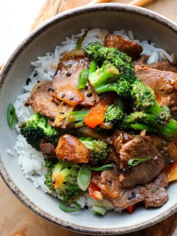 venison stir fry on rice in a bowl featured picture.