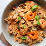 marry me shrimp pasta in a low bowl.