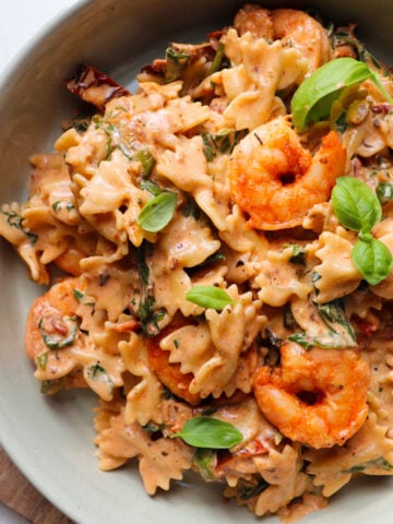 marry me shrimp pasta in a low bowl.