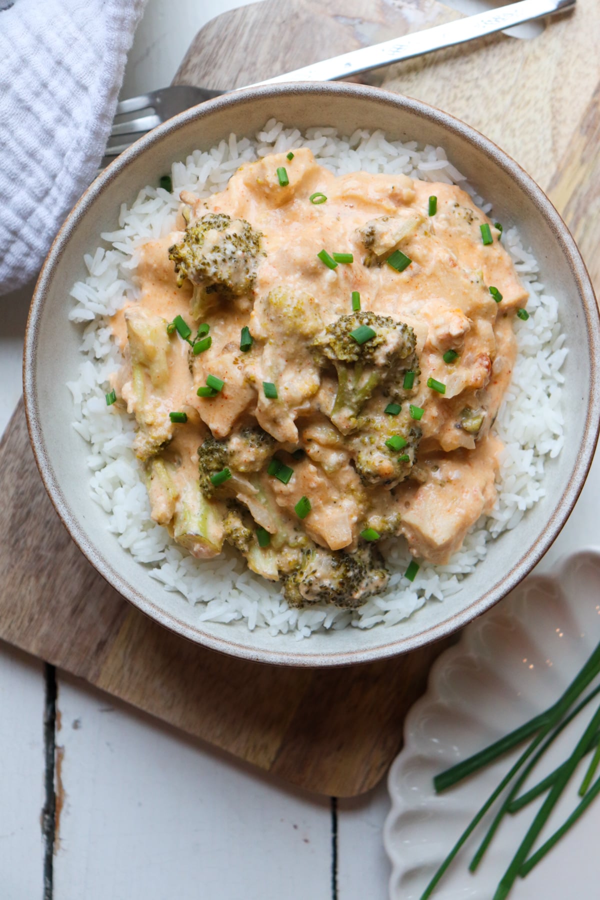 creamy crockpot chicken broccoli on rice.