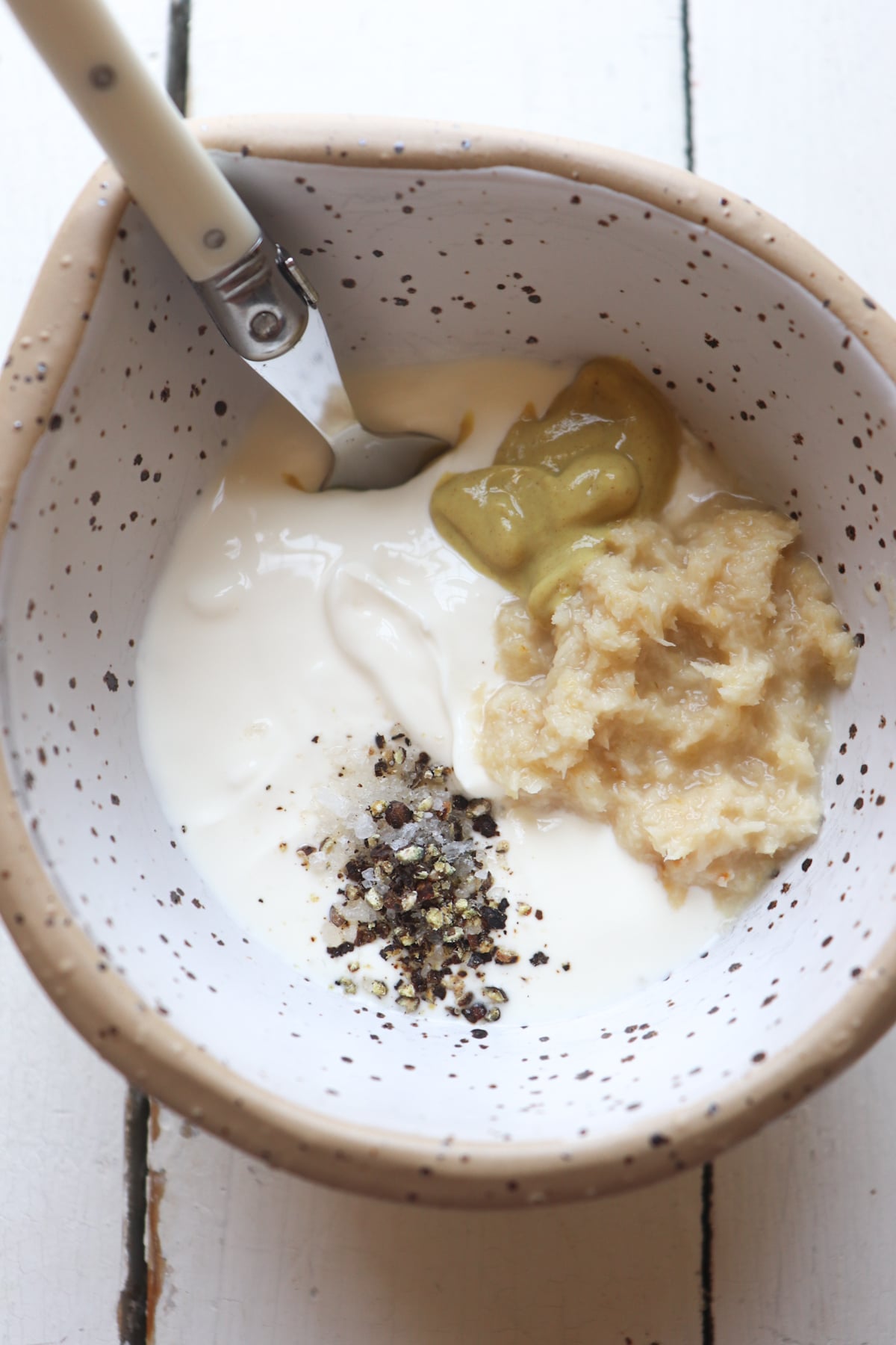 ingredients for horseradish cream in a small bowl.