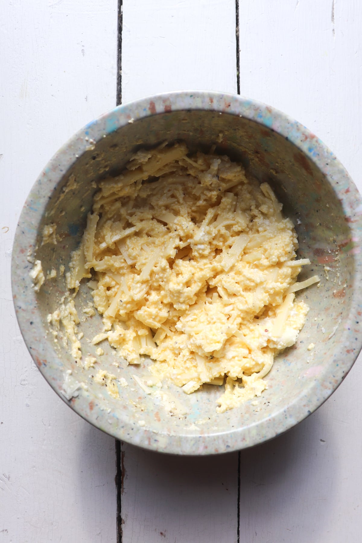 four cheese mixture in a mixing bowl.