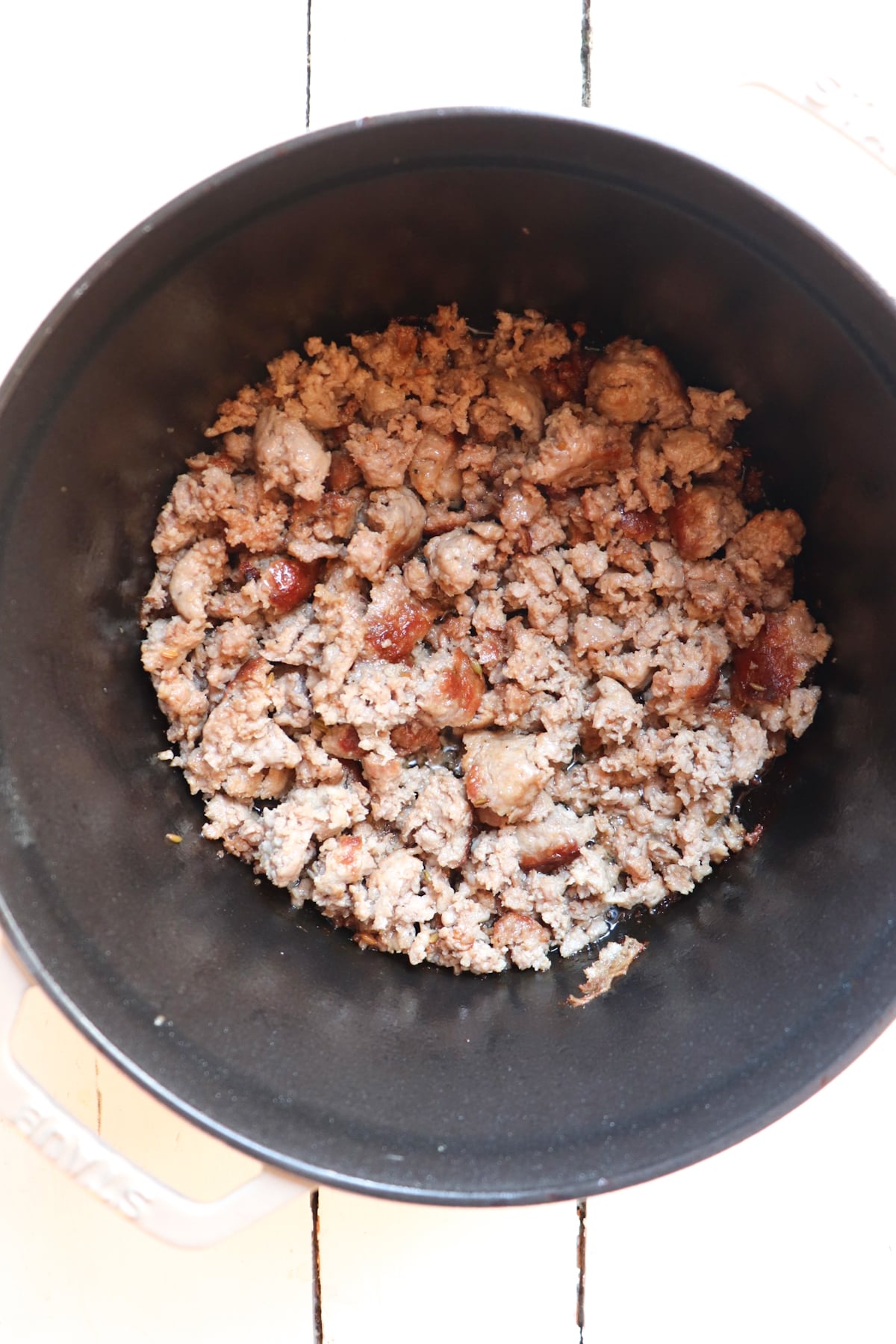 italian sausage browning in pot.