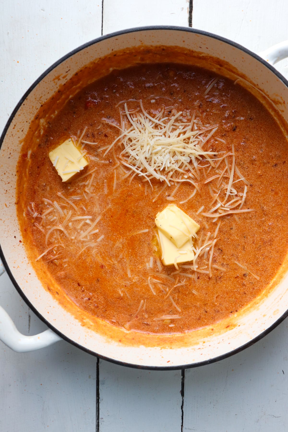 butter and parmesan cheese added to finish the vodka sauce.